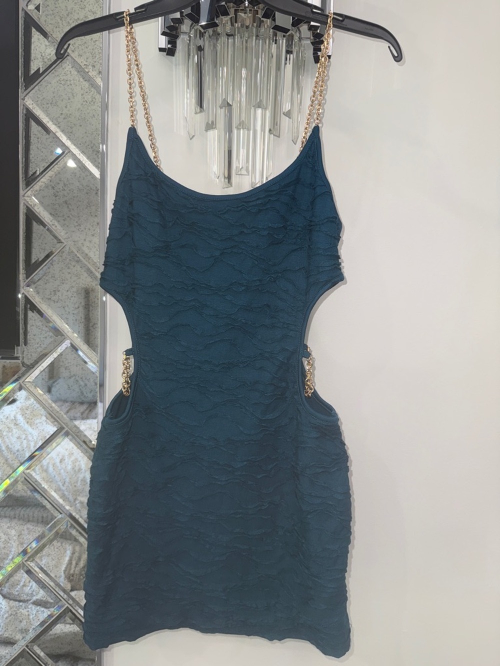 Sleeveless Teal like Bodycon Dress with gold Chain Straps and cut out sides